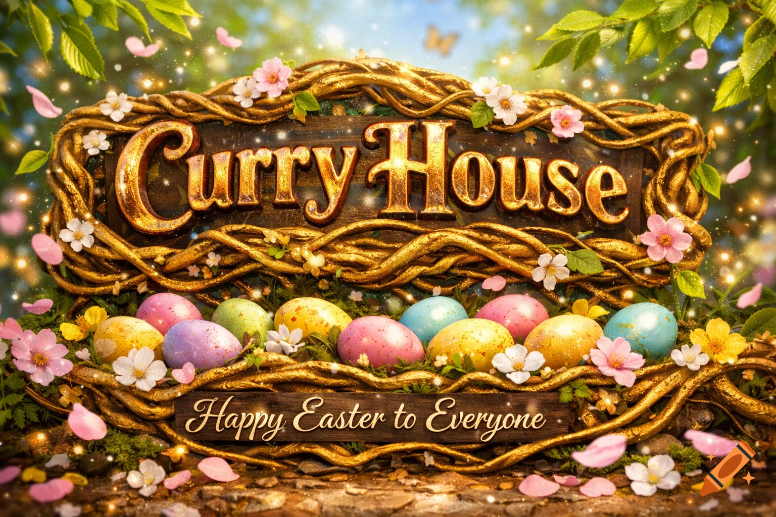 A festive sign made of golden roots and flowers reads "Curry House" and "Happy Easter to Everyone", surrounded by colorful Easter eggs and sparkling lights.