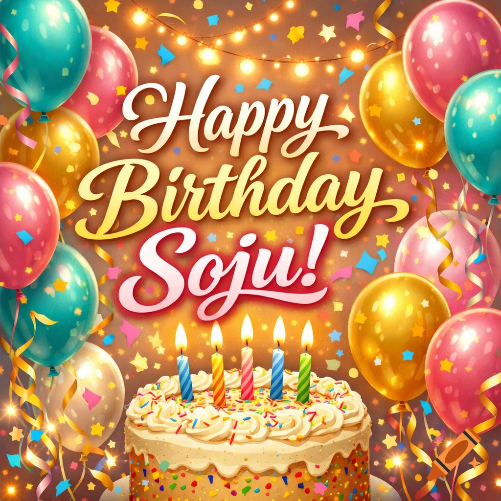 A festive birthday image with a cake, five lit candles, colorful balloons, string lights, and confetti, with the text 'Happy Birthday Soju!'