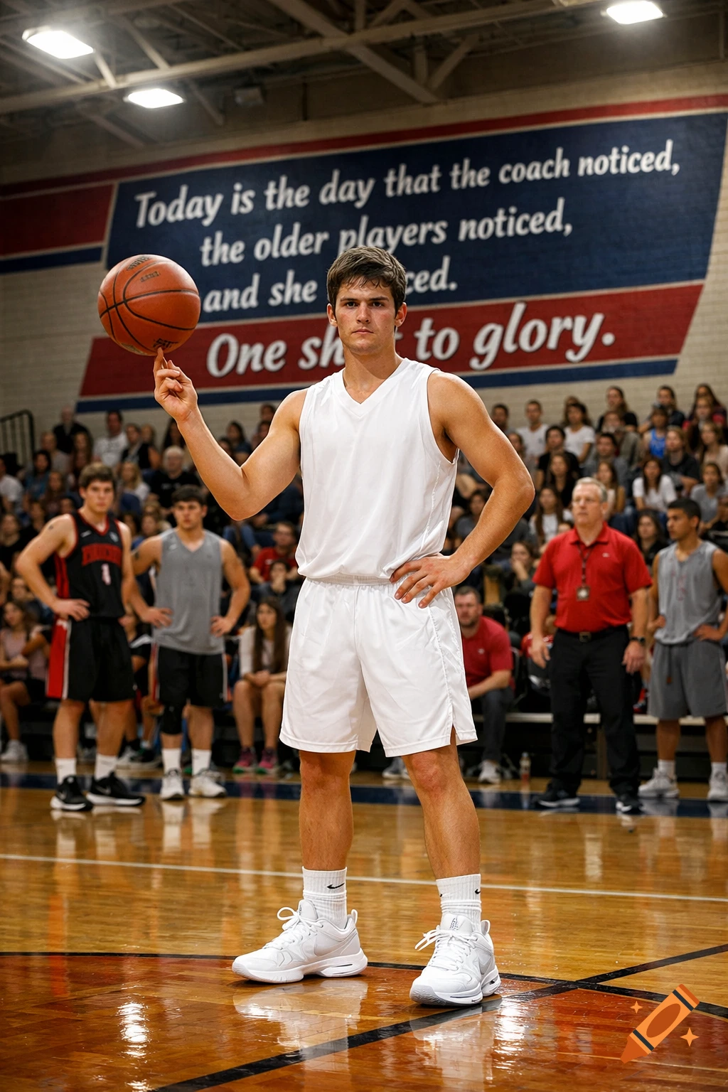 A male high school basketball player in a white uniform spins a basketball on his finger on a court, with spectators and a coach in the background.