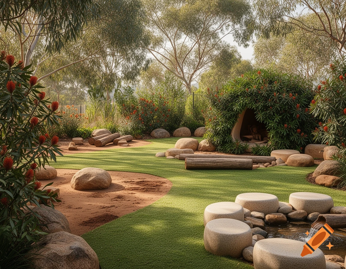 Photorealistic outdoor play space with a grassy lawn, sandy path, rocks, logs, a waterfall into a pond with stone seats, and a green hideaway nook.