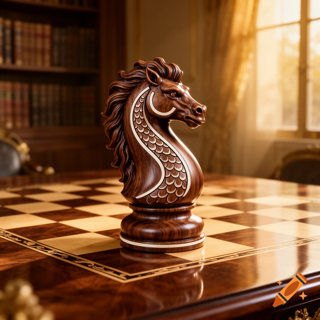 A detailed wooden chess knight stands on a polished chessboard, reflecting light, in a sunlit room with bookshelves.