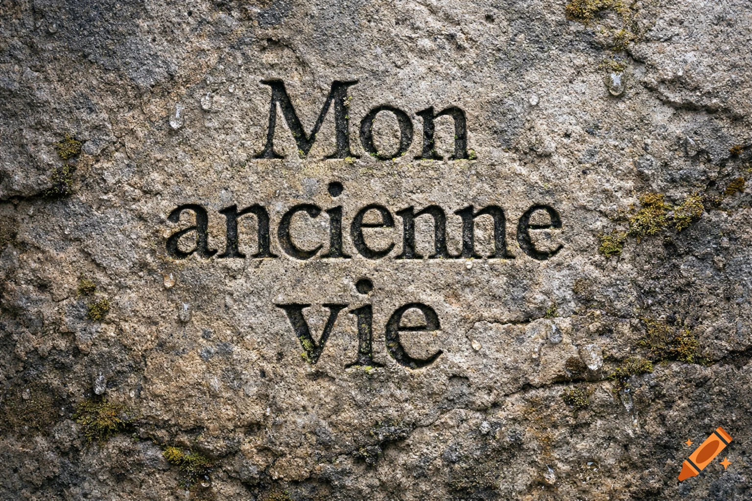 Close-up of the French phrase "Mon ancienne vie" (My old life) carved into a weathered, mossy stone, with water droplets on the surface.