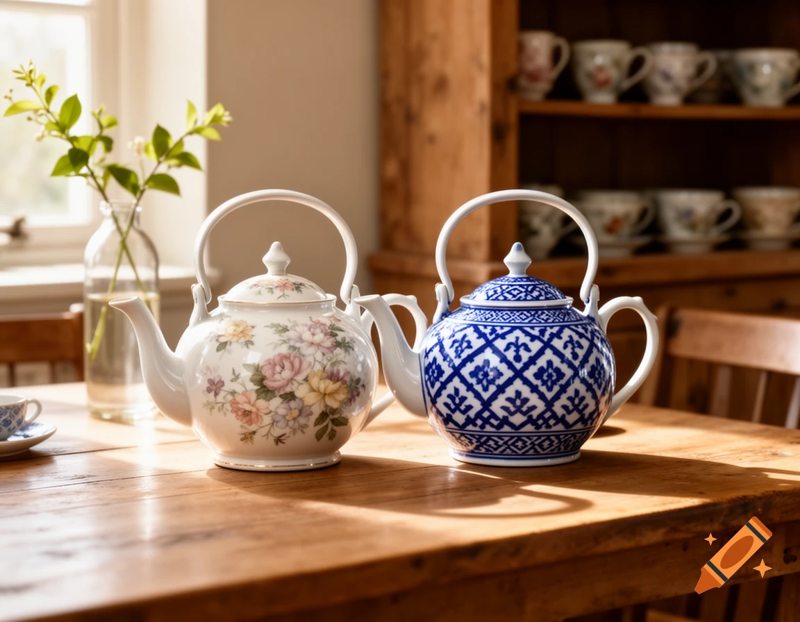 Two ceramic teapots, one floral and one blue geometric, sit on a wooden table in a sunny room with a hutch of cups.