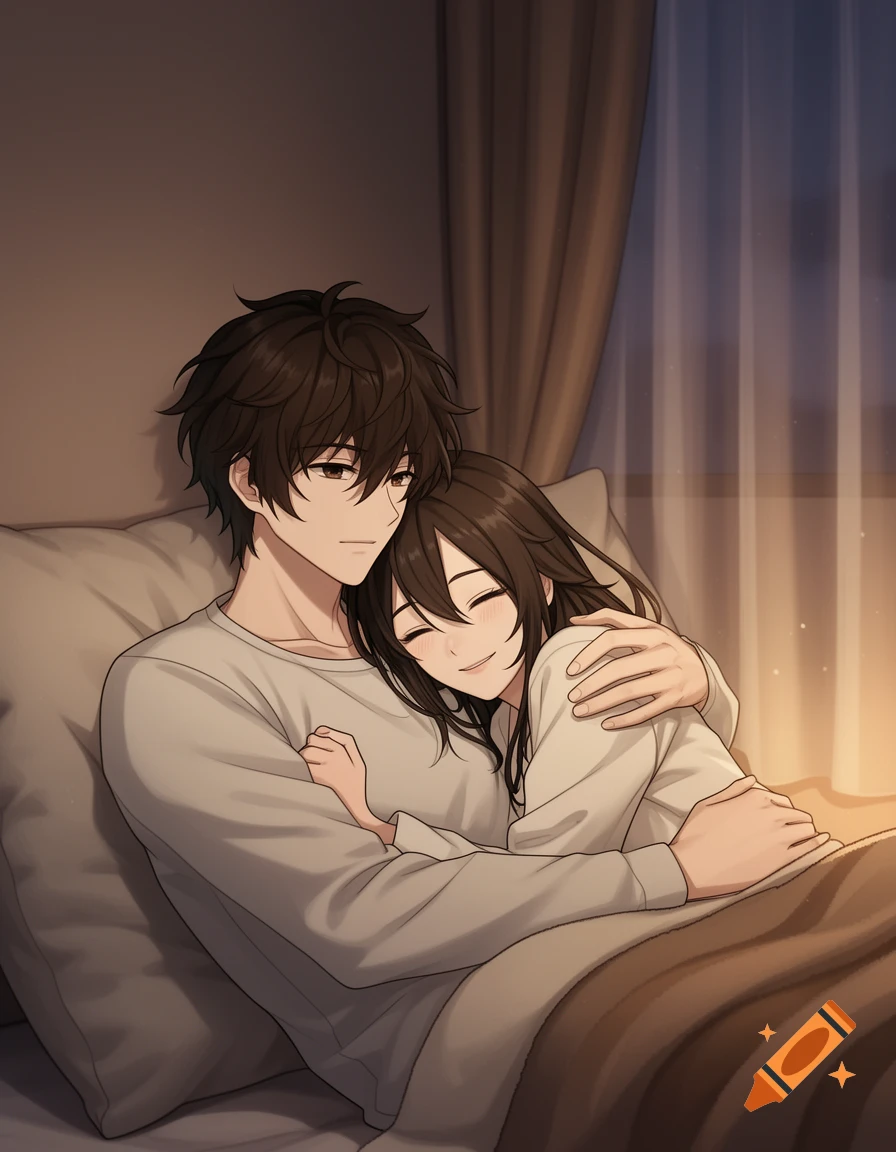 An anime couple with dark hair cuddling in bed with warm lighting.