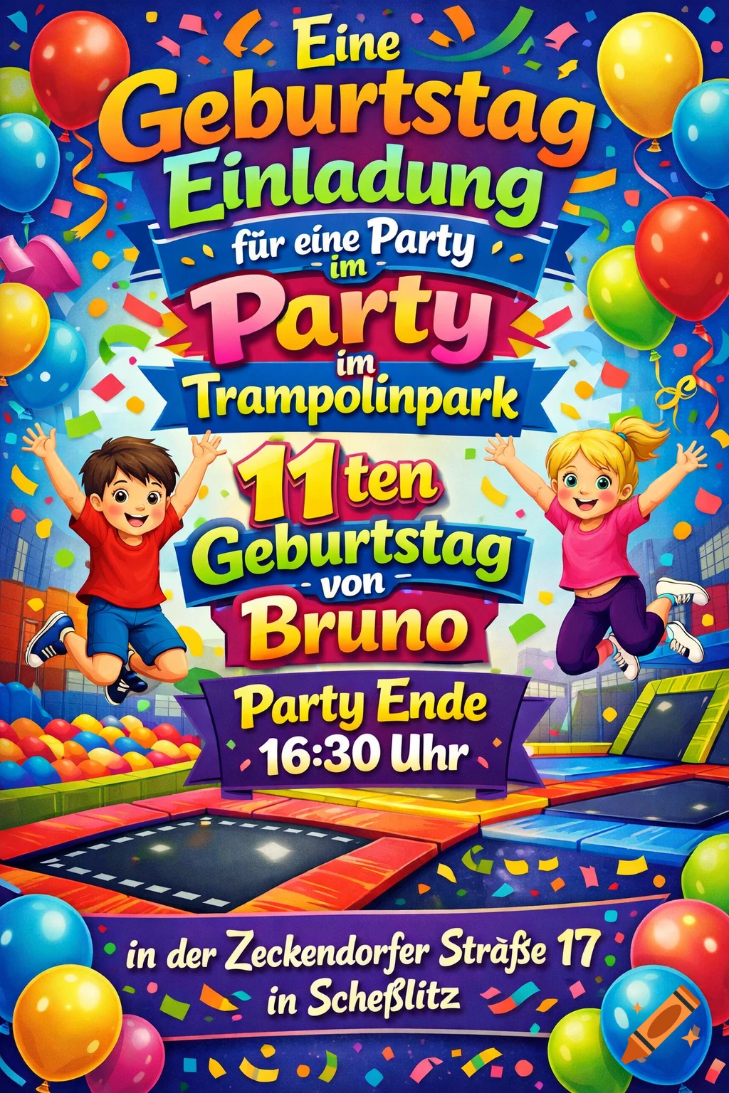Vibrant birthday party invitation for an 11th birthday at a trampoline park, showing two happy children jumping with balloons and confetti.