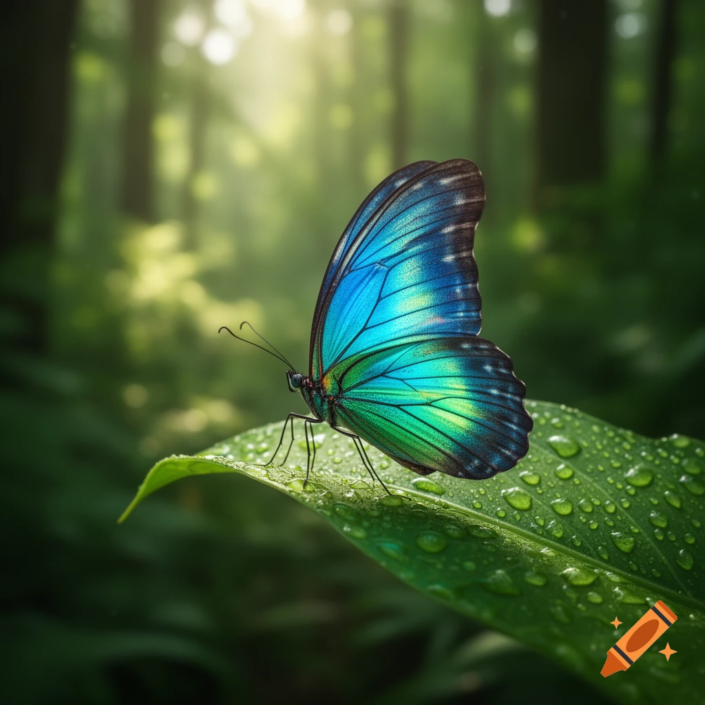 A vibrant blue and green butterfly rests on a dewy green leaf in a lush, sunlit forest, photorealistic style.