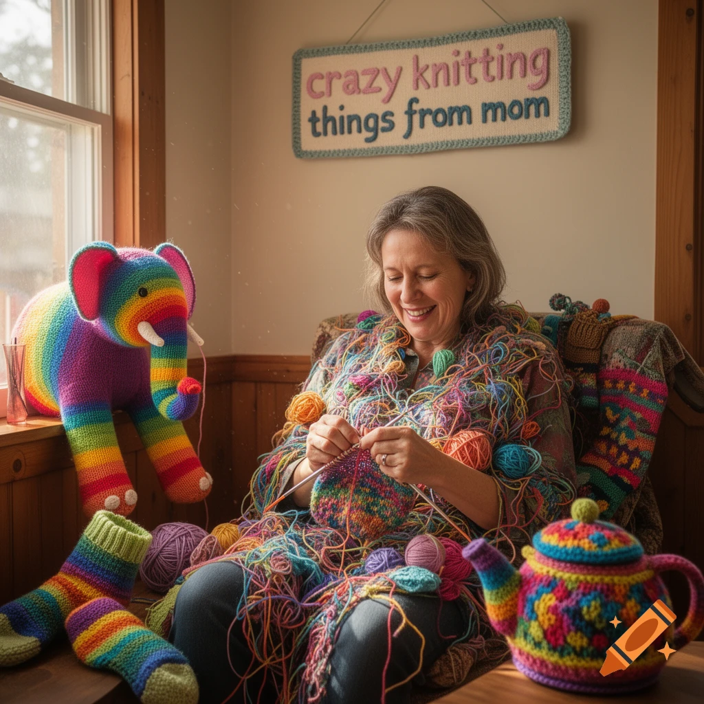 A smiling woman covered in tangled, colorful yarn knits by a window, surrounded by knitted rainbow items and a sign above.