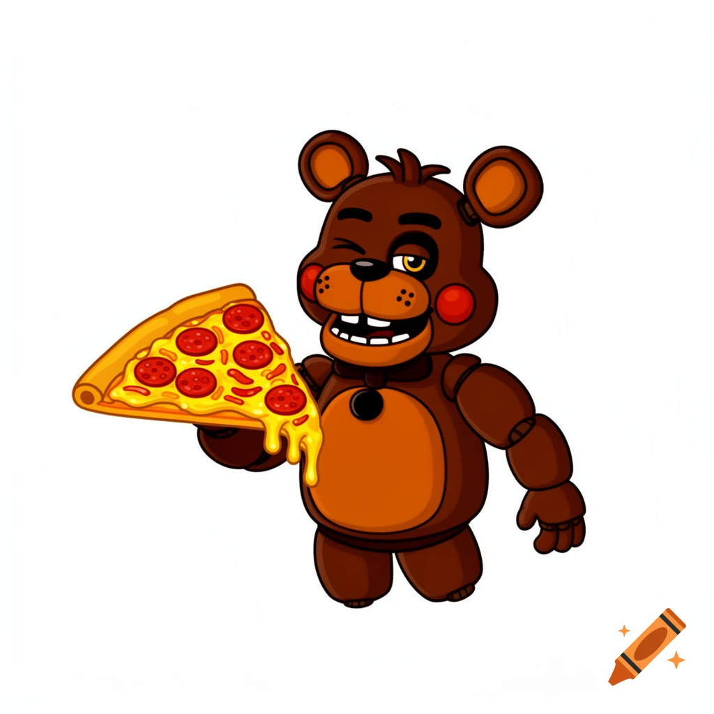 Cartoon Freddy Fazbear winking and holding a slice of pepperoni pizza with melted cheese.