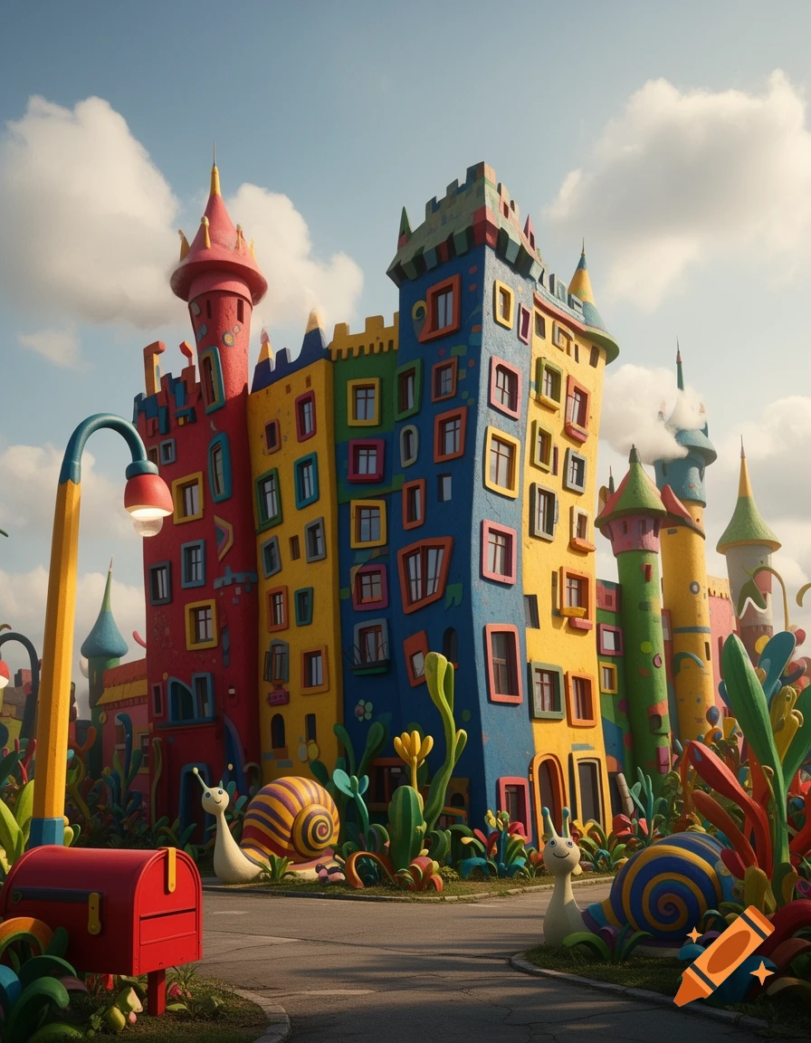 A whimsical, brightly colored castle-like building with skewed windows ...