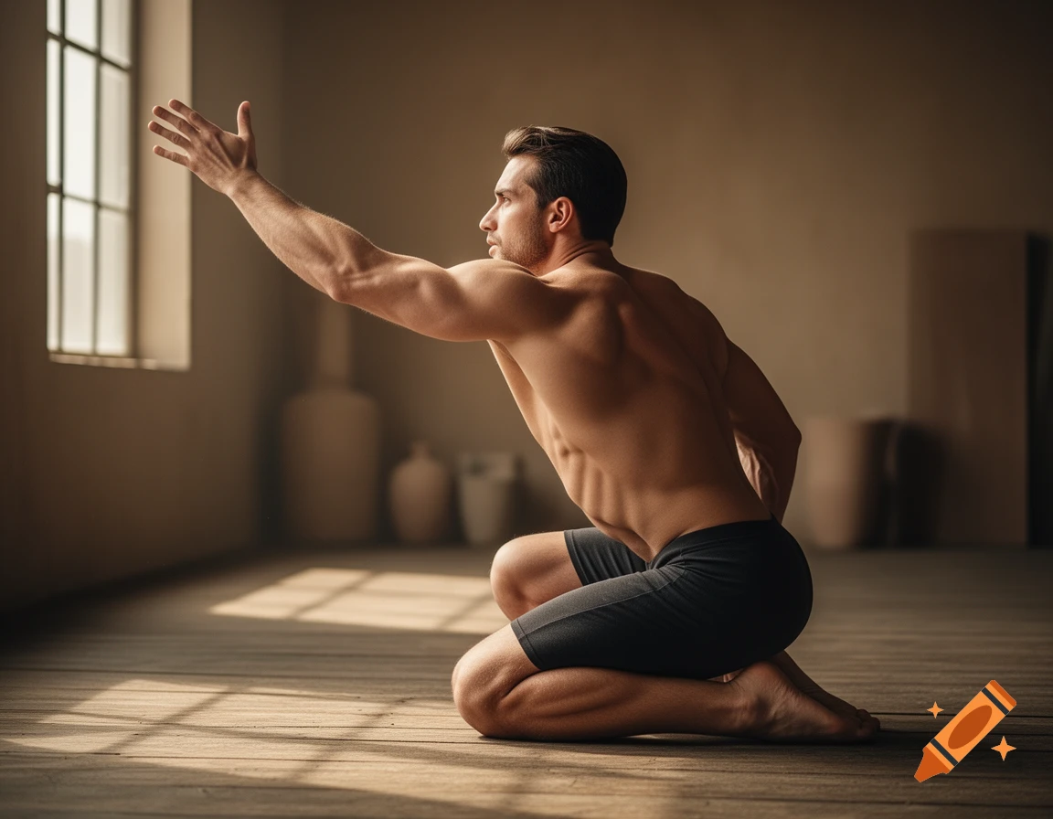 A shirtless man in dark shorts kneels on a wooden floor, reaching his right arm forward towards sunlight from a window.