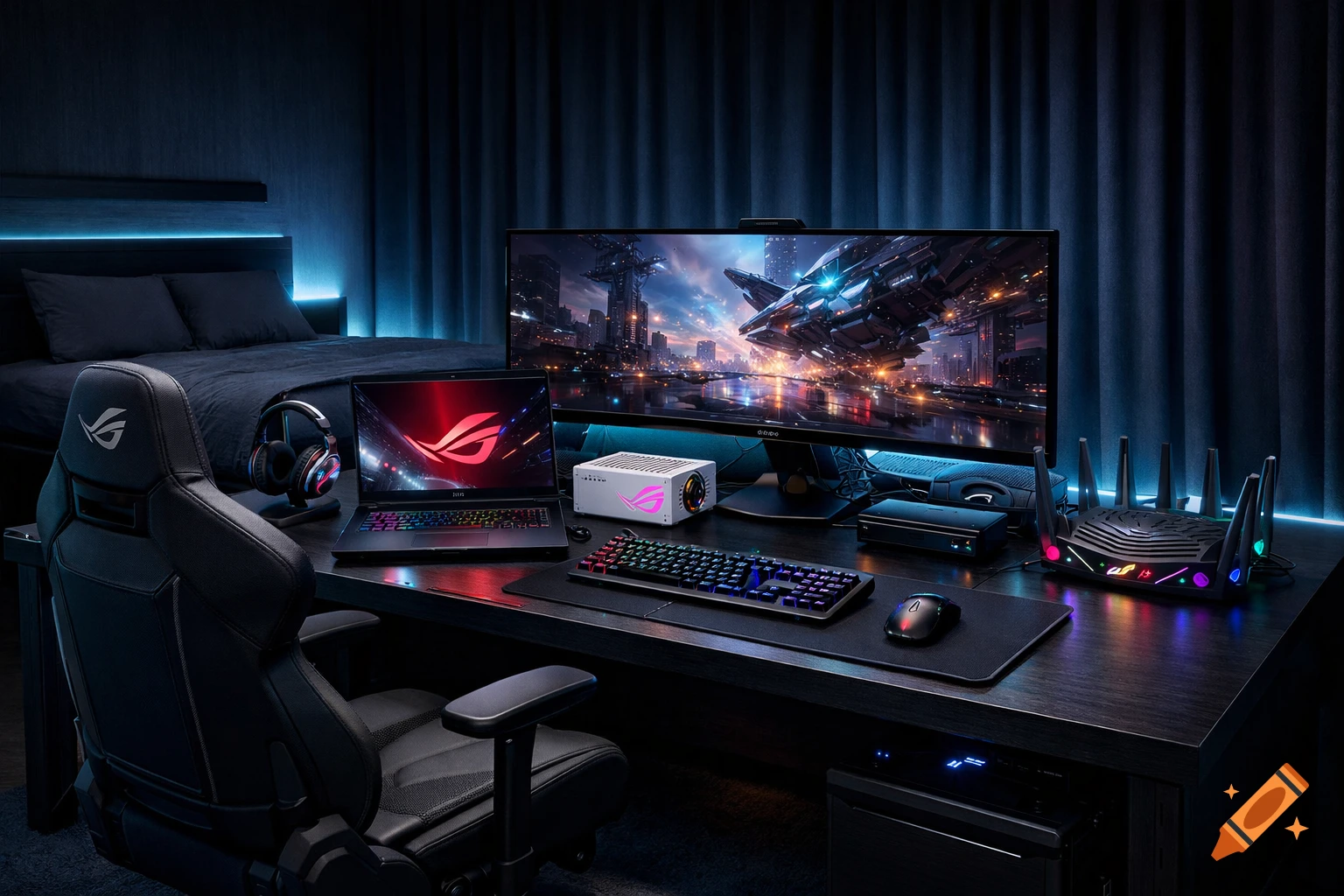 A futuristic gaming setup with RGB lighting in a dark bedroom, featuring a laptop, monitor, keyboard, mouse, headphones, and a gaming chair.