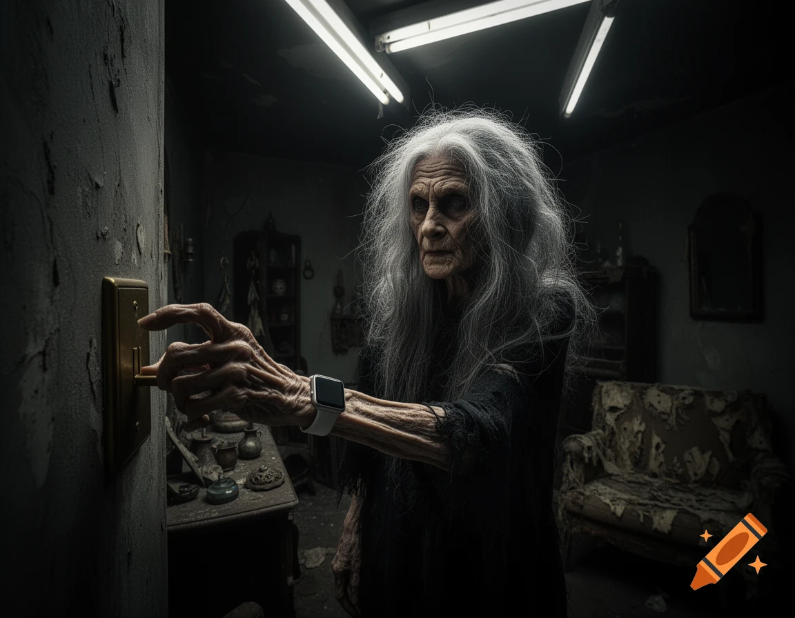 A creepy, gaunt elderly woman with long gray hair, wearing a smartwatch, flips a light switch in a dark, dilapidated room.