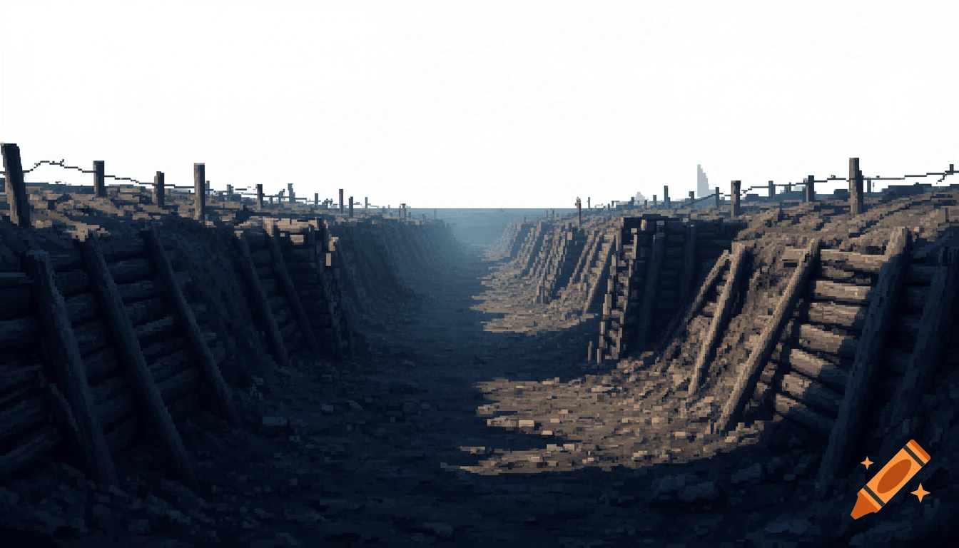 Pixel art rendering of an empty, muddy World War 1 trench with wooden supports and barbed wire under a bright sky.