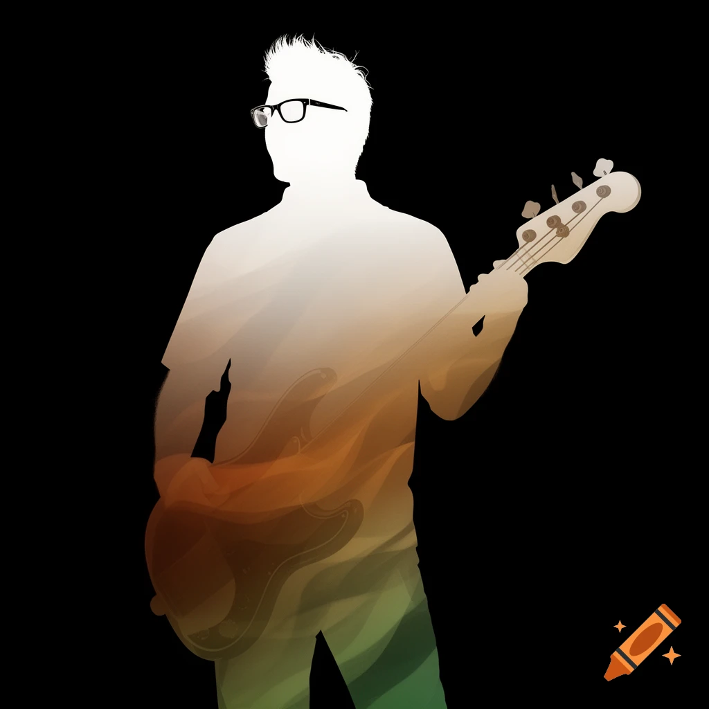 White silhouette of a man in glasses playing a bass guitar, filled with an earth-tone gradient against a black background.