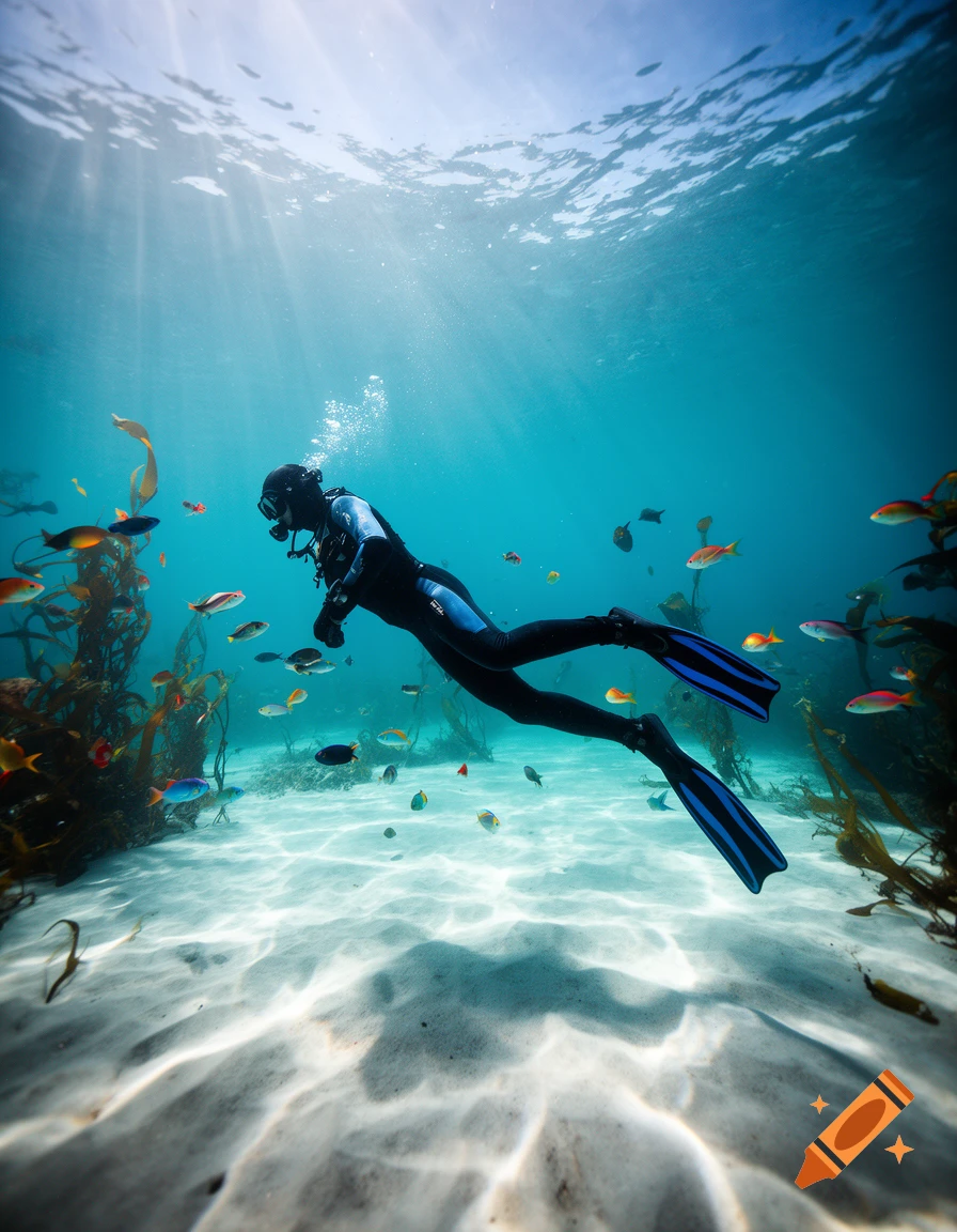 A diver in a wetsuit with fins swims gracefully underwater amidst colorful fish and sun rays.