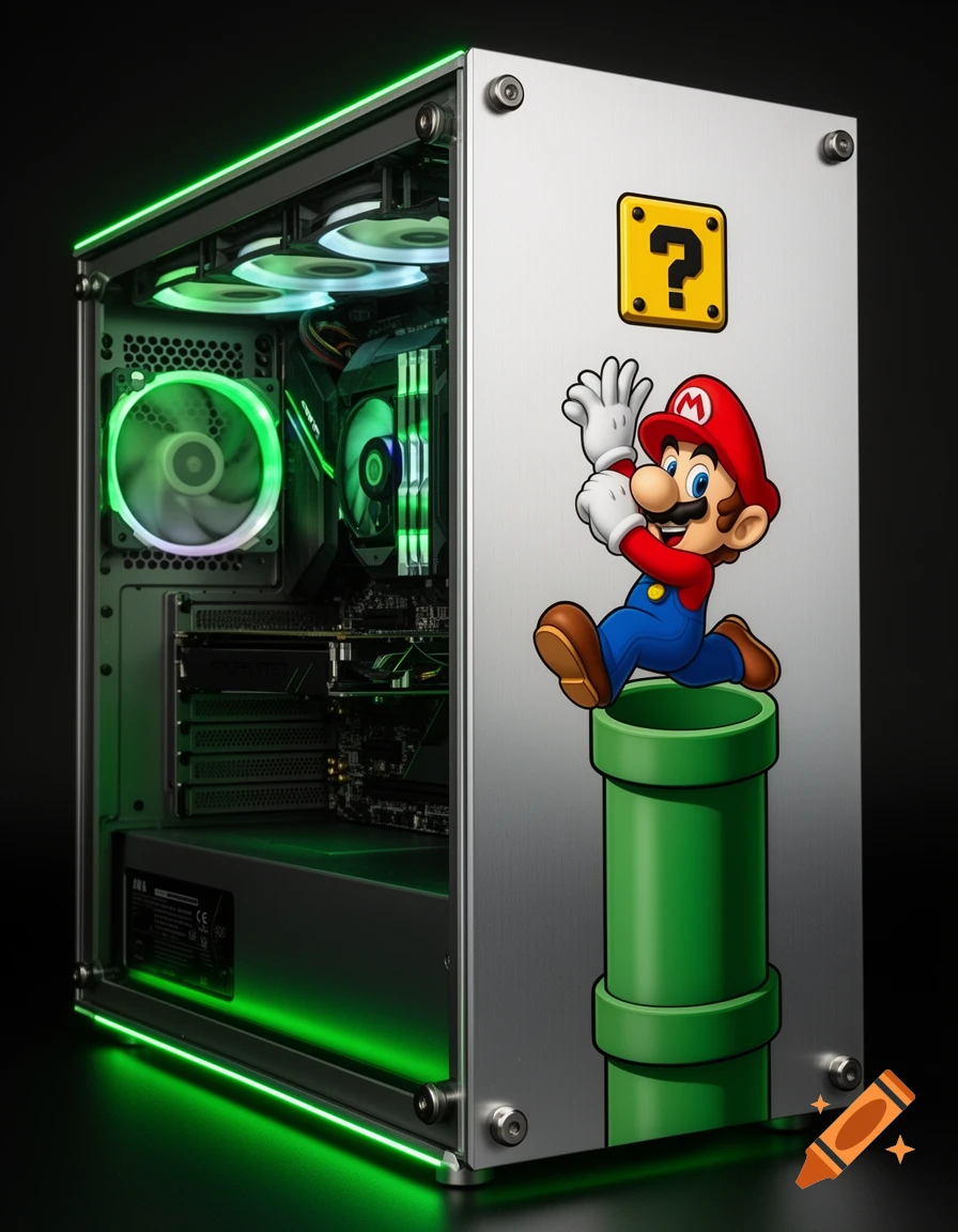 A custom PC tower with a Super Mario Bros. theme. The front panel is silver with a green pipe and Mario jumping out, below a yellow question mark block. The side panel is clear, showing the internal hardware with green RGB lighting on fans and strips.