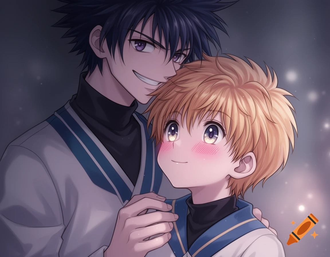 Anime illustration of a dark-haired man smirking and embracing a blushing, shy blonde boy.