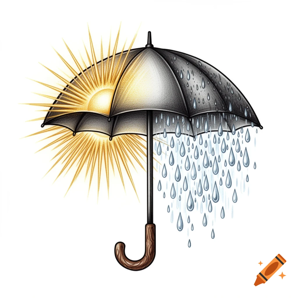 Illustrative tattoo design of an umbrella, with one side depicting a radiating sun and the other side heavy rain.