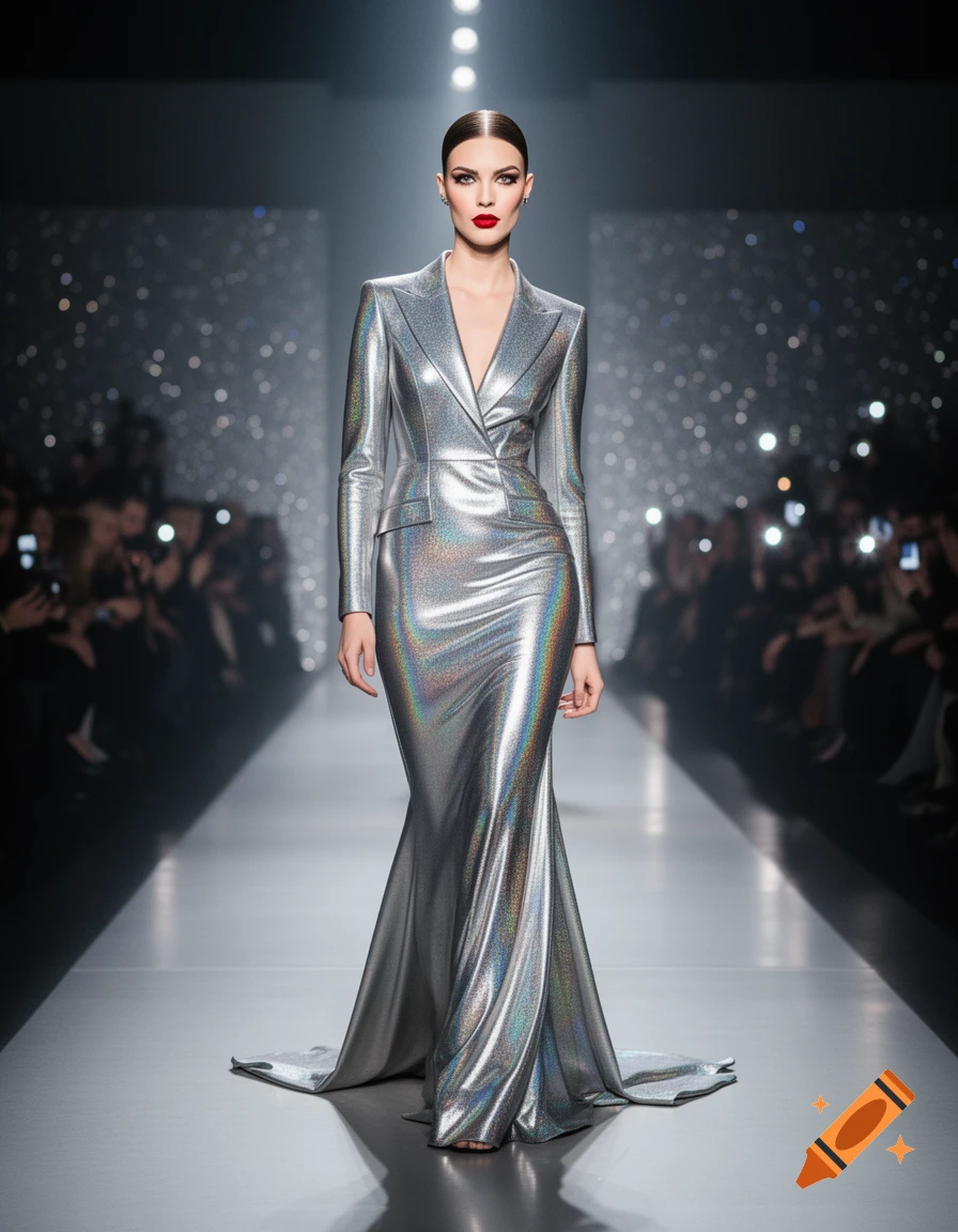A female supermodel on a runway, wearing a long, iridescent silver gown with a blazer-style top, looking forward.