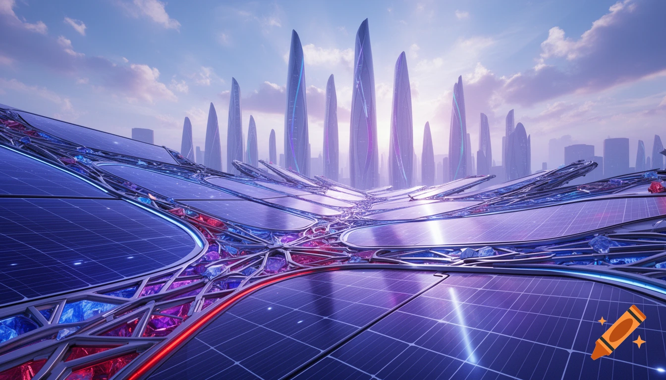 Futuristic solar panels with blue, purple, and red accents stretch towards a sleek, towering cityscape under a cloudy sky.