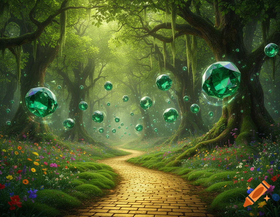A magical forest path winds through ancient trees, vibrant wildflowers, and floating emerald gems under ethereal light.