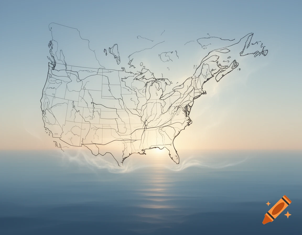 Line art outline map of the continental United States floating above a calm ocean at sunset.