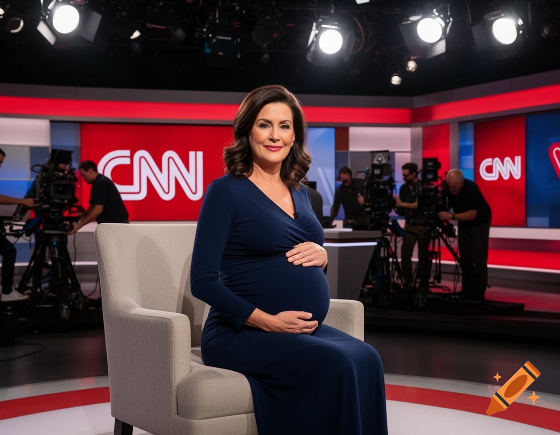 A pregnant woman in a navy dress sits in a chair in a TV news studio with CNN logos visible on background screens, looking at the camera.