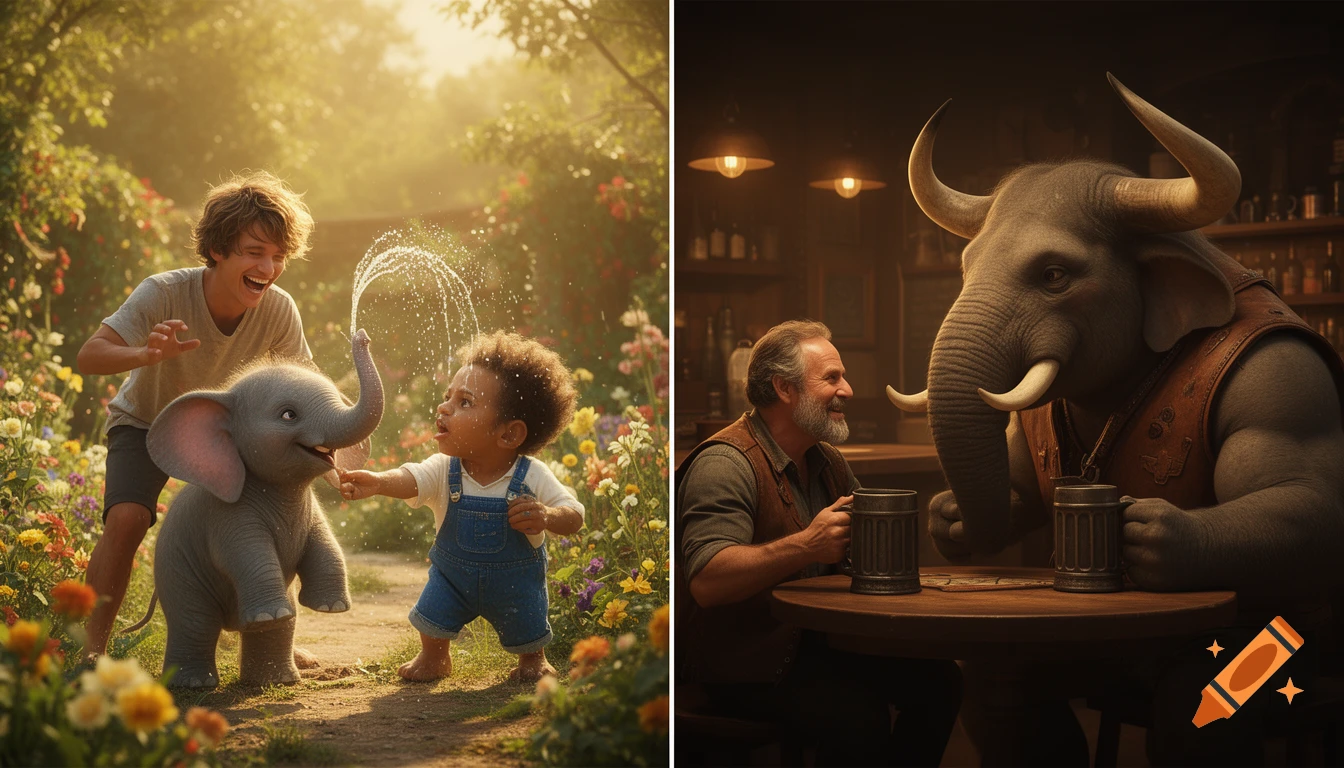 A diptych of a young man and child with a baby elephant playing in a garden, and an older man with an adult bull elephant in a tavern, cinematic digital art.