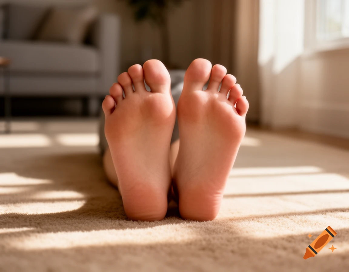 A close-up of the soles of two bare feet resting on a light brown carpet, illuminated by sunlight.