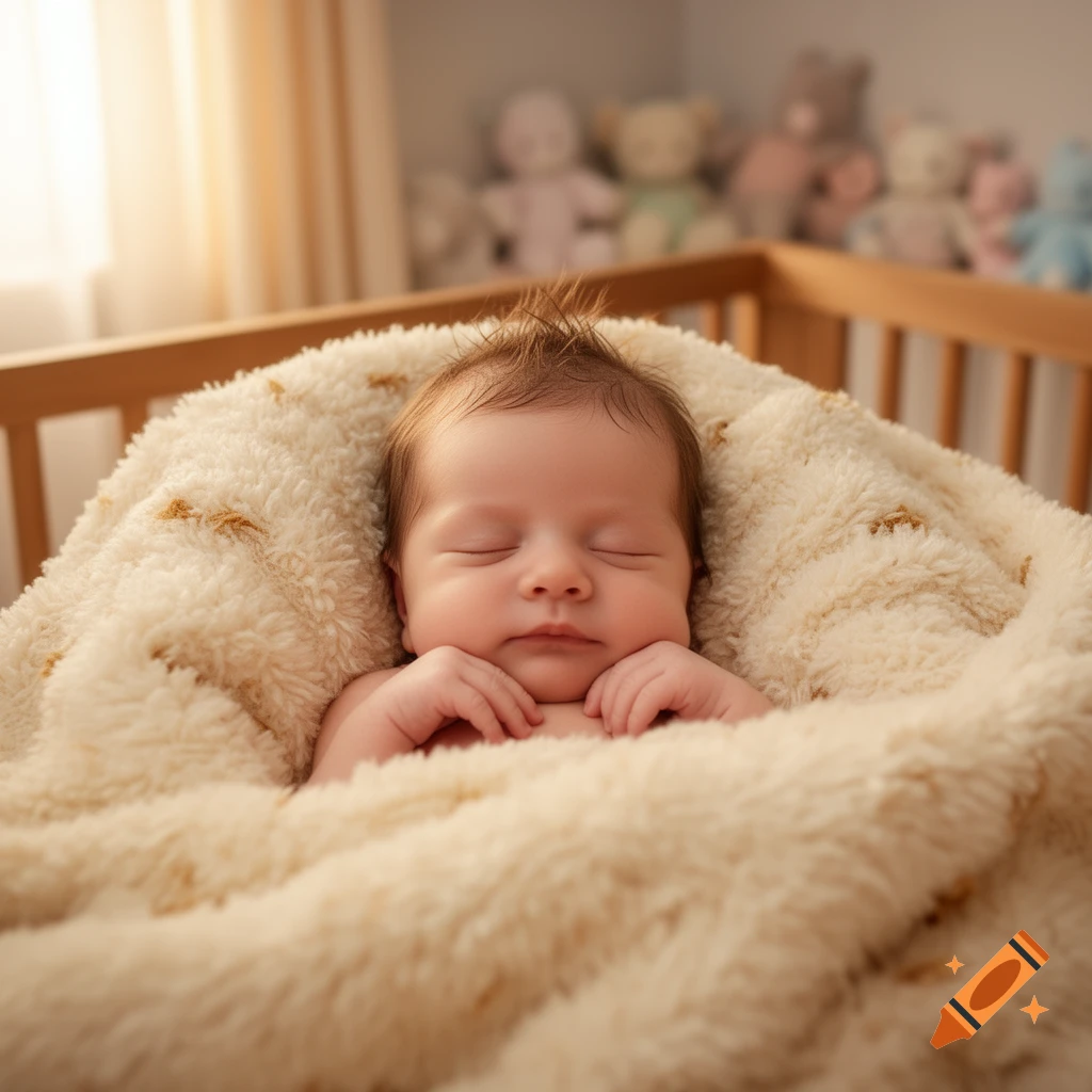Photorealistic image of a newborn baby sleeping soundly, swaddled in a fluffy beige blanket in a wooden crib.