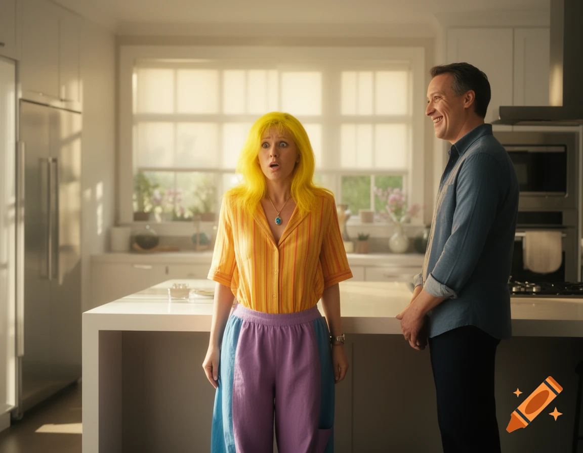 A woman with bright yellow hair and colorful clothes looks surprised in a sunlit kitchen, while a man next to her smiles.