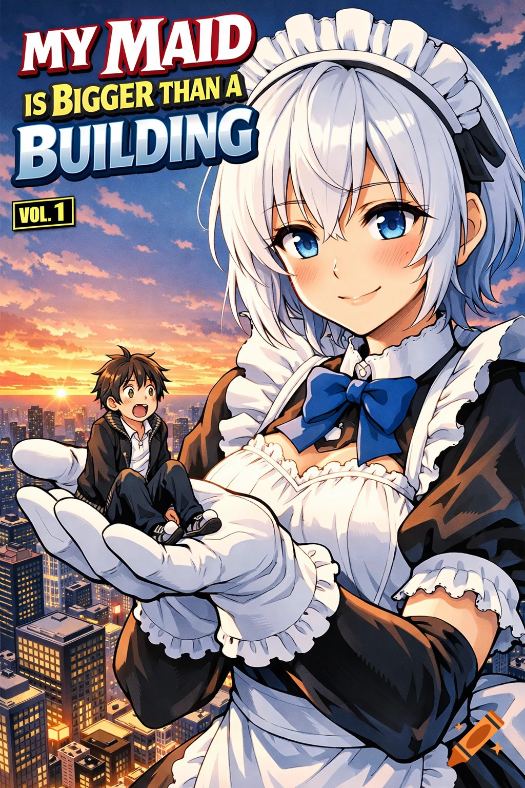 Anime manga cover of a giant maid holding a tiny boy in her hand over a city at sunset, with the title 'MY MAID IS BIGGER THAN A BUILDING'.