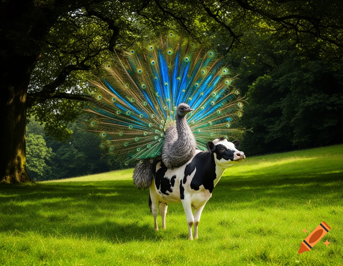 A photorealistic black and white cow with a gray emu body and a large fanned peacock tail stands in a green field.