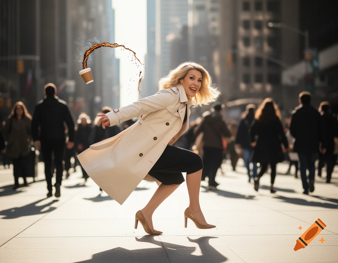 A blonde woman in a trench coat stumbles on a busy city street, spilling her coffee.