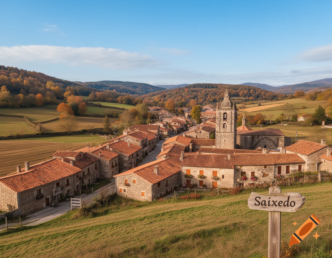 An aerial view of Saixedo village with stone houses, red roofs, a church, and a wooden sign, surrounded by autumn hills under a blue sky.