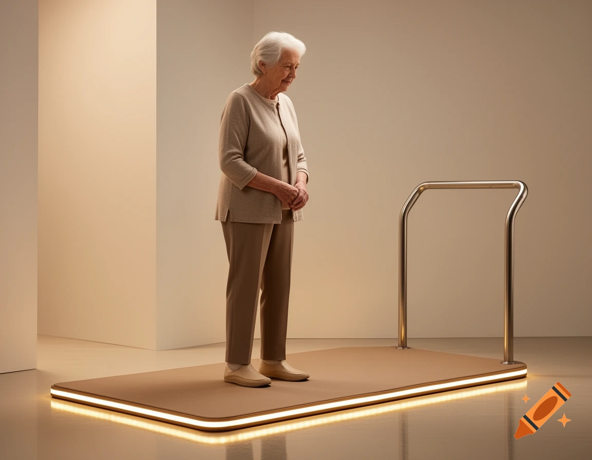 An elderly woman stands on a lit, rectangular mat with a handrail in a minimalist room, looking down.
