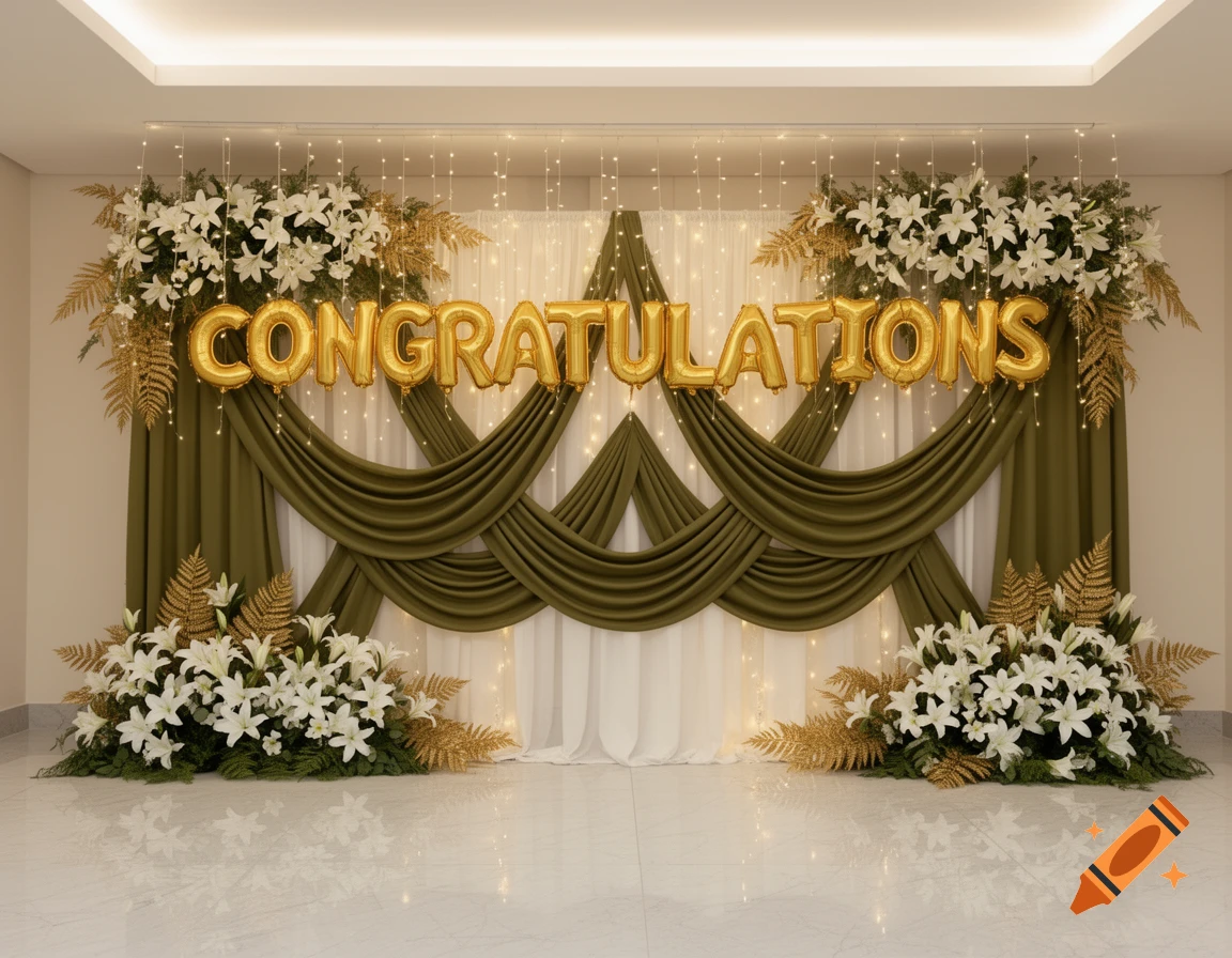 A festive graduation backdrop featuring olive green drapes, white lilies, gold ferns, string lights, and gold balloon letters spelling 'CONGRATULATIONS'.