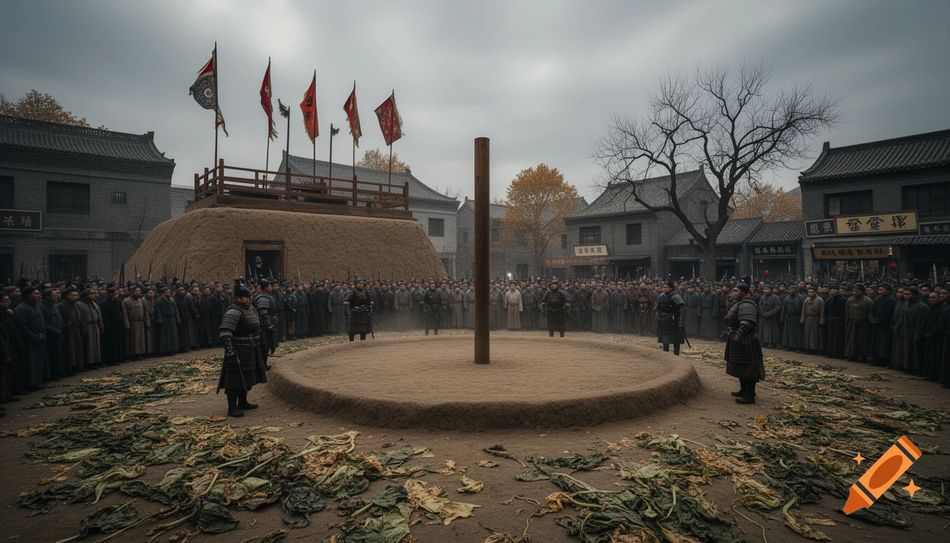 A wide-angle, photorealistic shot of an ancient Chinese execution ground, with a central dirt platform and wooden pole, surrounded by armed guards and a large crowd under an overcast sky. Traditional grey buildings line the background, and scattered rotten leaves are on the ground.