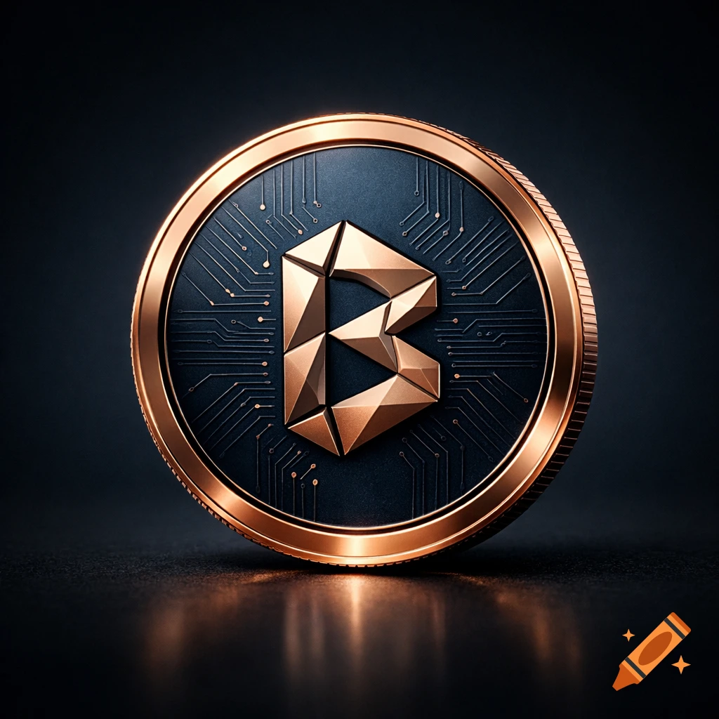 A high-resolution, photorealistic image of a rose-gold and midnight-blue cryptocurrency coin featuring a geometric 'B' monogram and circuit patterns on a dark background.