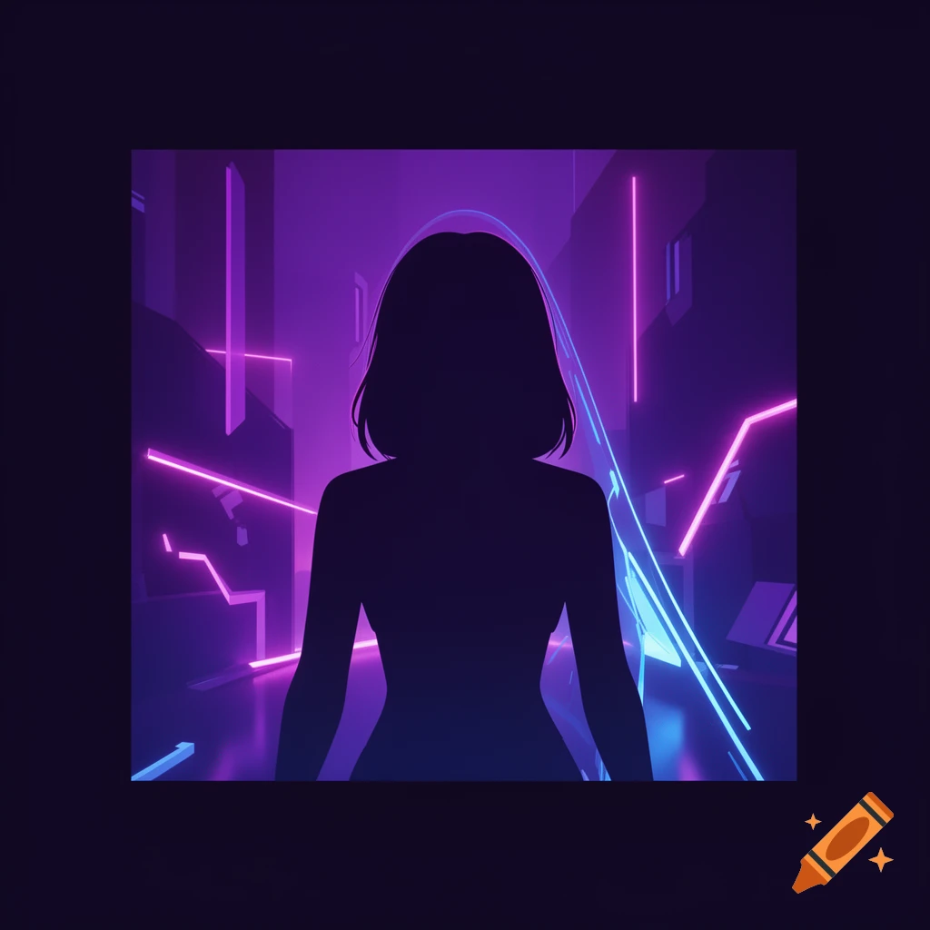 Stylized silhouette of a woman against a purple and blue neon cyberpunk background with geometric shapes.