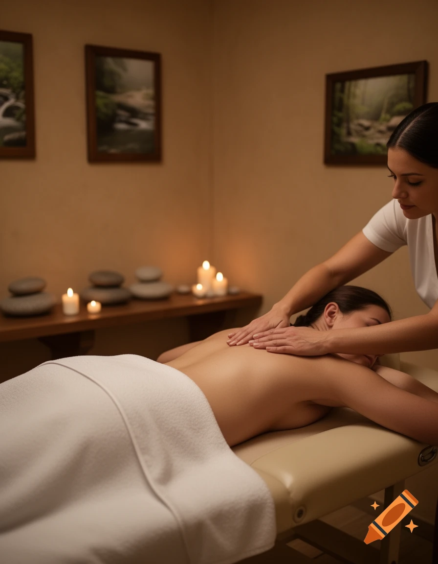 A woman lies face down on a massage table, receiving a back massage from another woman in a dimly lit room with candles and nature paintings.