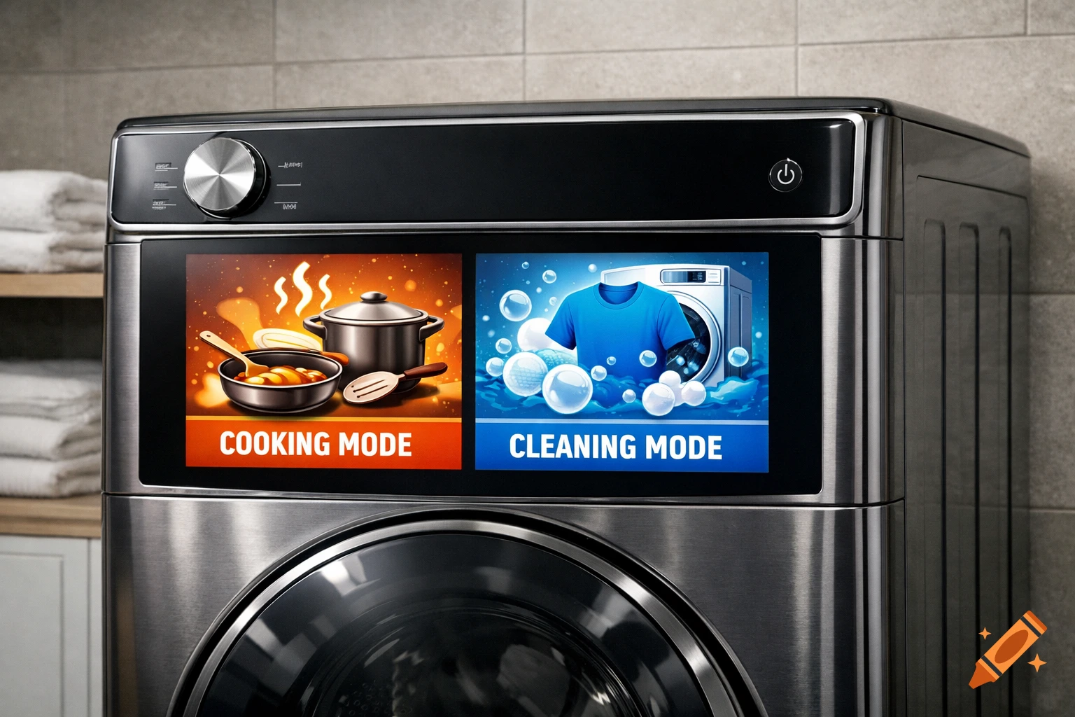 A modern washing machine with a digital screen showing 'COOKING MODE' and 'CLEANING MODE' selections.