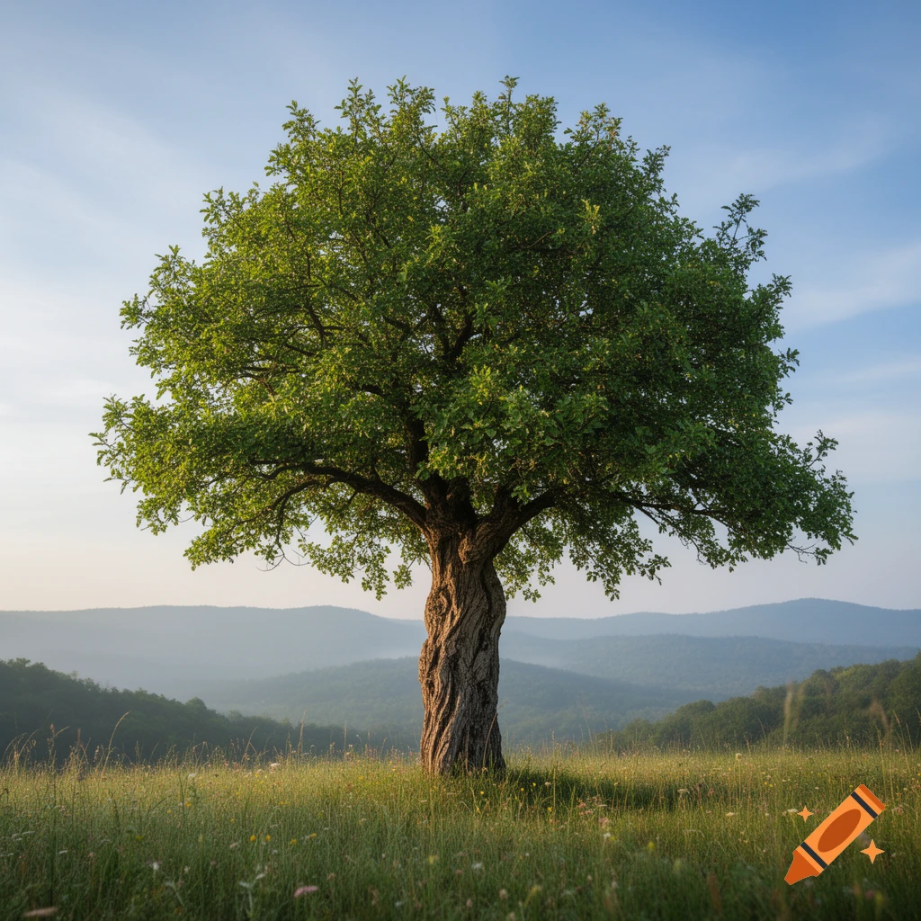 A vibrant green tree with a textured trunk stands prominently in a grassy field, with misty mountains in the background under a blue sky.