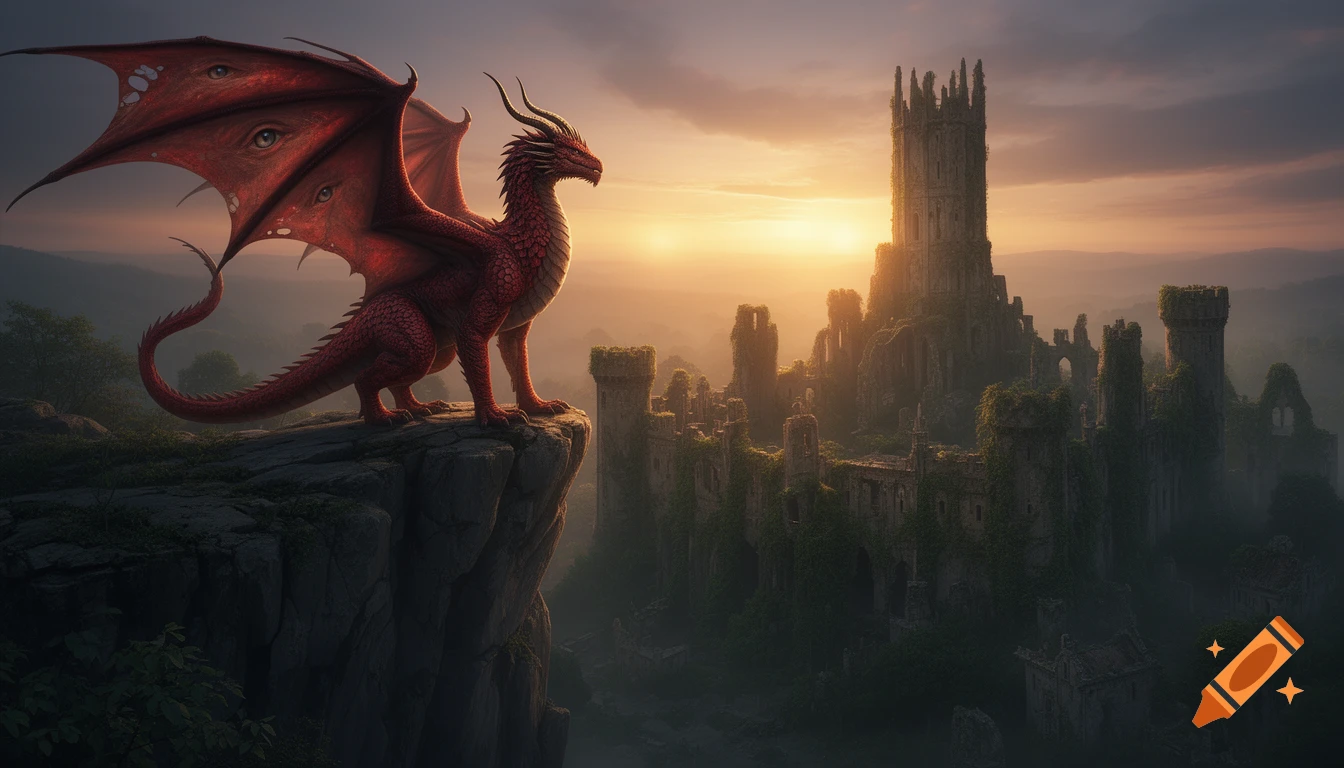 A majestic red dragon with multiple eyes on its wings stands on a cliff overlooking an overgrown ruined castle at sunset.