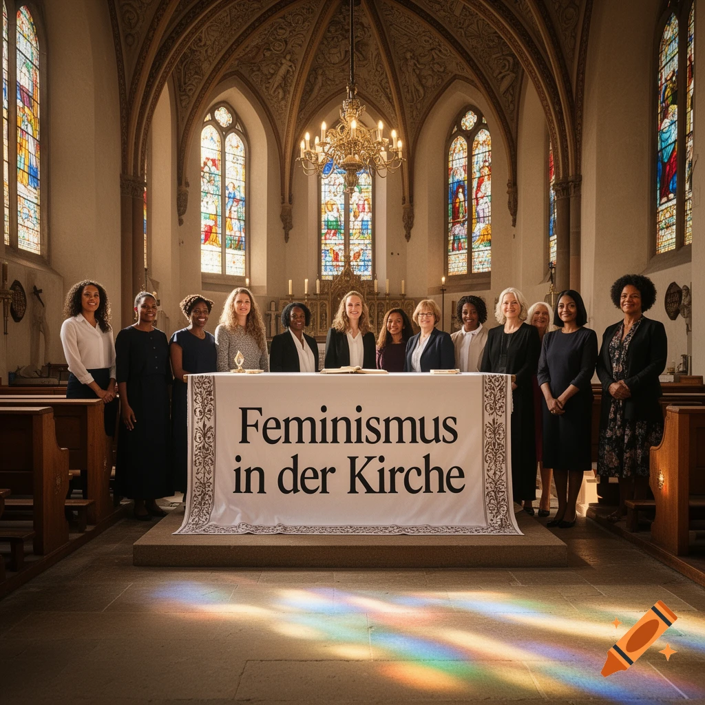 Diverse women stand behind a banner reading "Feminismus in der Kirche" in a sunlit church, photorealistic.