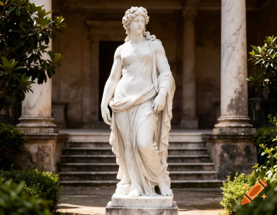 A majestic white marble statue of a draped woman stands in a classical garden with columns and steps.