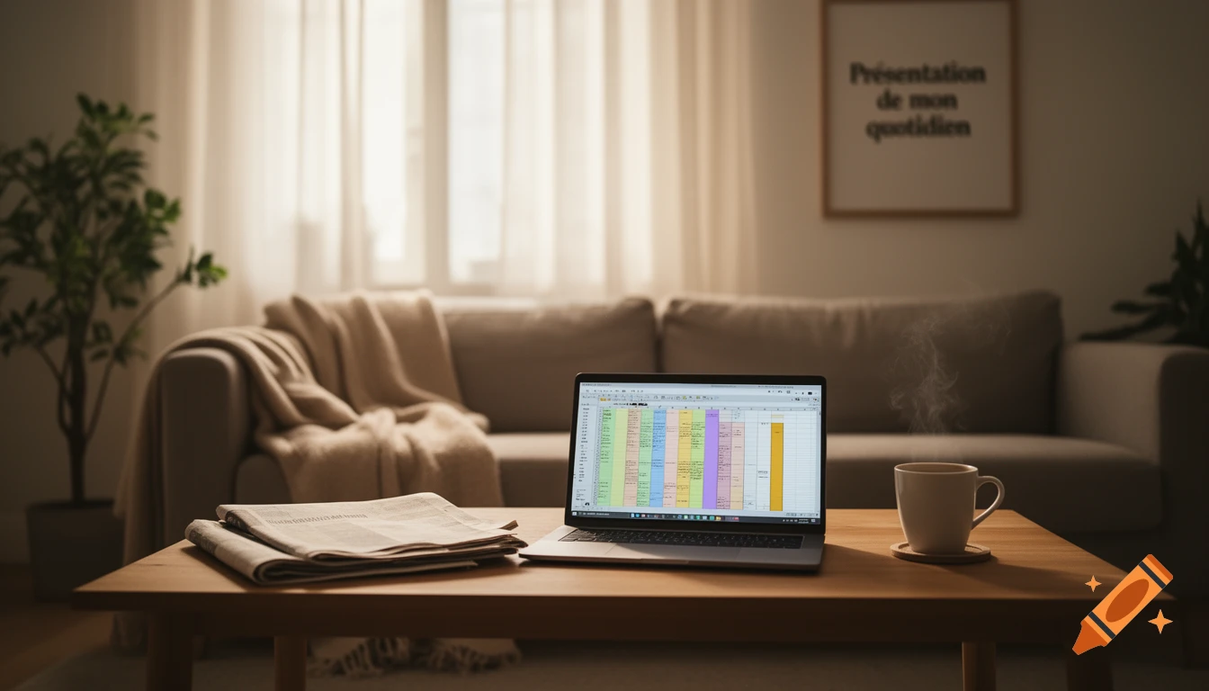 A laptop displaying a spreadsheet, a newspaper, and a steaming coffee mug on a wooden table in a cozy living room.
