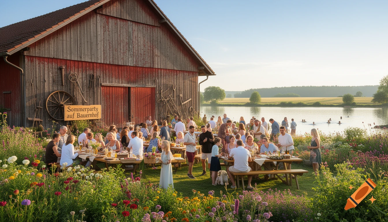 A sunny summer party on a farm, with people dining outdoors by a rustic barn, a lake, and colorful wildflowers blooming.