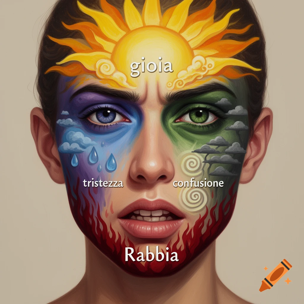 A stylized human face painted with vibrant colors representing emotions: yellow sun for joy, blue clouds for sadness, green swirls for confusion, and red flames for anger.