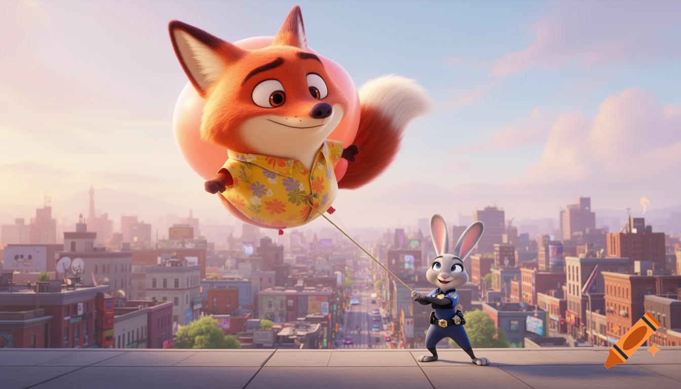 Animated fox Nick Wilde floats as a balloon, held by rabbit Judy Hopps with a rope, above a cityscape.
